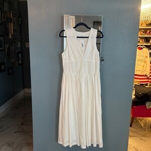 White Button-Front V-Neck Midi Dress